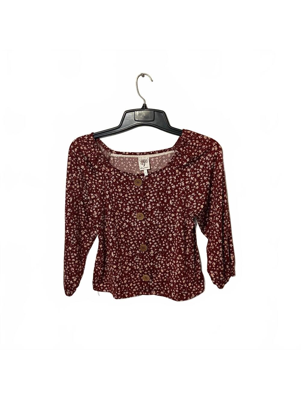 Self Esteem Boho Chic Cottagecore Artsy Burgundy Floral Button Detail Top Small